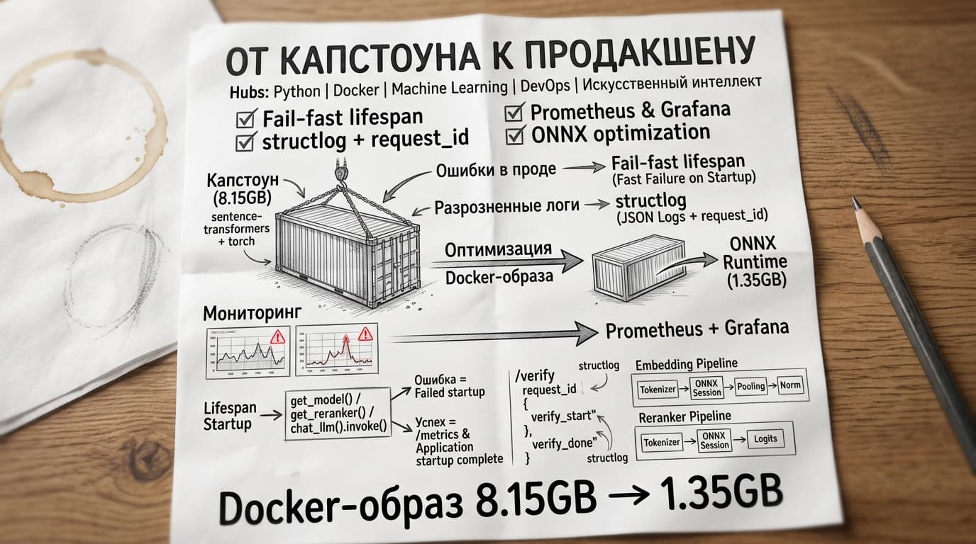 От капстоуна к продакшену: fail‑fast, structured logs, Prometheus и Docker‑образ 8.15GB → 1.35GB