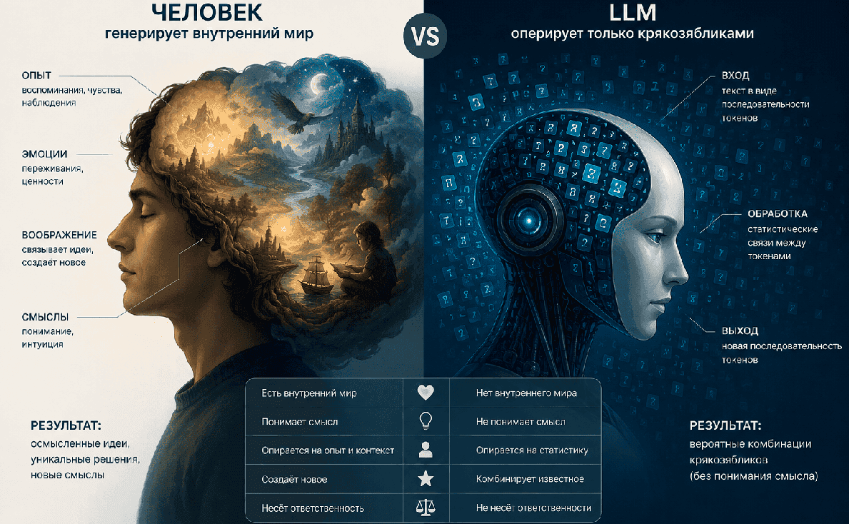Отличие языковой модели LLM от человека